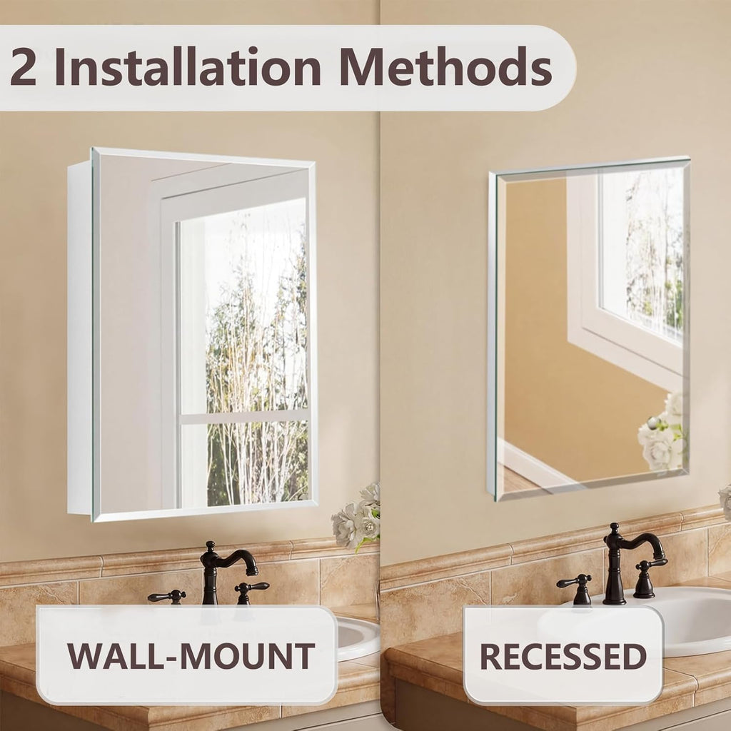 22”x30'' Frameless Beveled Mirror Medicine Cabinet, Removeable Shelf,Surface/Recessed Mount,Bathroom Cabinet with Storage