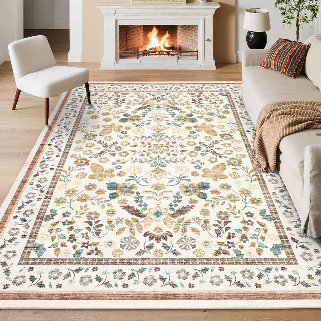 GarveeHome 10x14 Floral Area Rugs for Bedroom Machine Washable Boho Soft Non-Slip Backing Rugs Low Pile Stain Resistant Botanical Carpet for Living Room Farmhouse Dining Room Nursery Beige