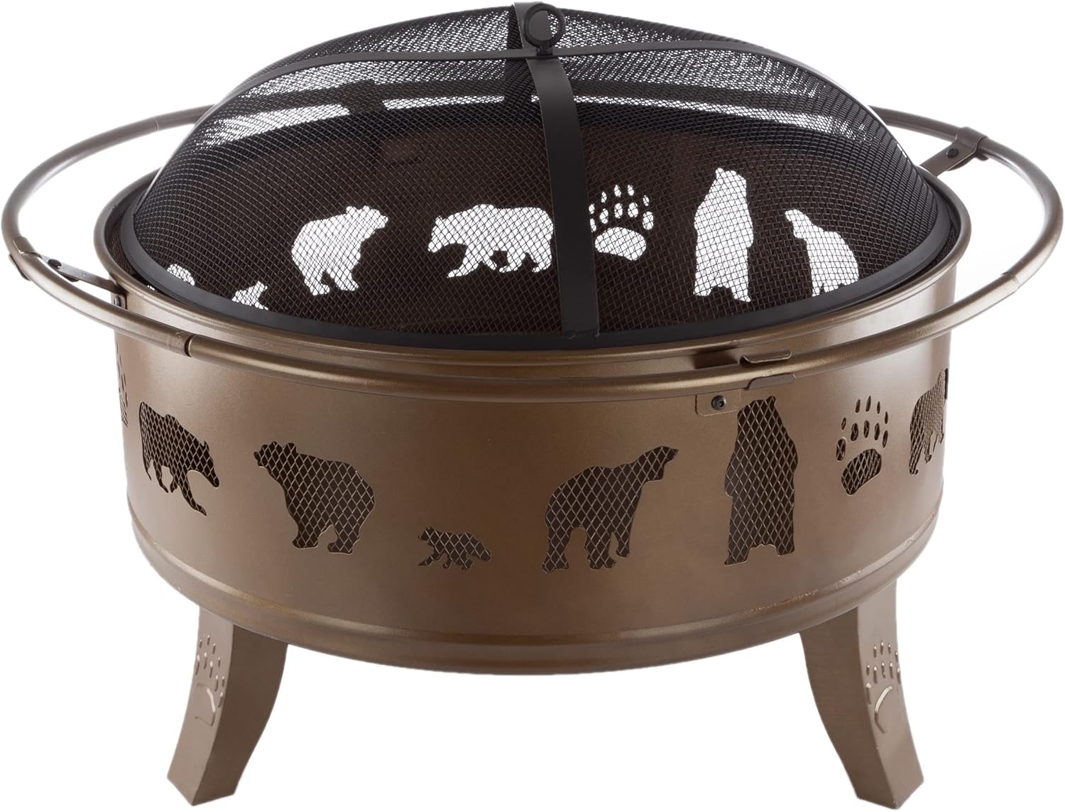 Pure Garden 50-LG1202 32” Outdoor Deep Fire Pit-Round Large Steel Bowl with Bear Cutouts, Mesh Spark Screen, Log Poker & Storage Cover-Patio Wood Burning, Antique Gold