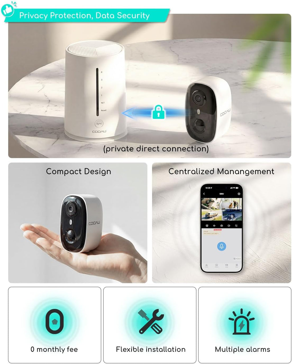 COOAU 4MP Security Cameras Wireless Outdoor, Faster Charging Solar Powered, Sharper-Image Outdoor Camera Wireless,No Subscription,PIR Detection,Surveillance System for Wide-Area Whole-House Coverage