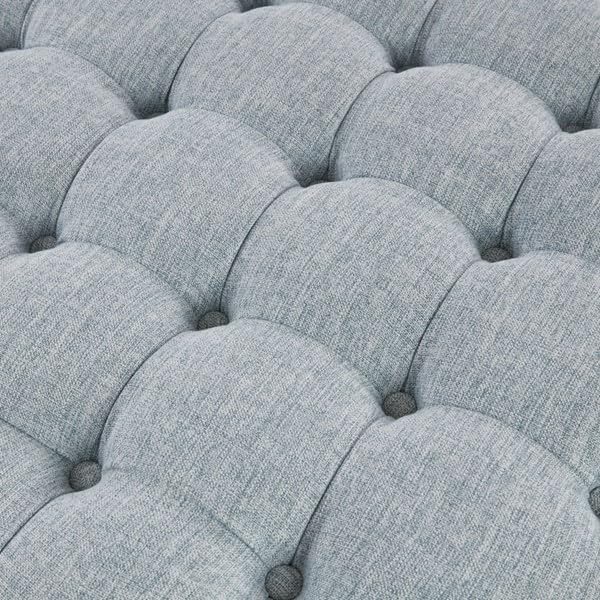 Martha Stewart Cocktail Ottoman for Living Room Fully Upholstered, Button Tufted Round Ottoman Footrest, Pleated Skirt, Extra Seating Bedroom Ottoman Furniture Decor, Terry, 32" W, Light Blue