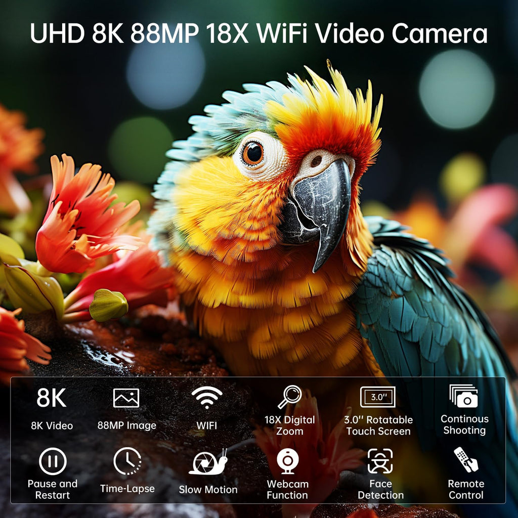 8K Video Camera 88MP UHD WiFi Vlogging Cameras for YouTube 18X Digital Zoom IR Night Vision 3.0'' Touch Screen Camcorder with 32GB Card, Microphone, Lens Hood, Stabilizer, Remote, Two Batteries