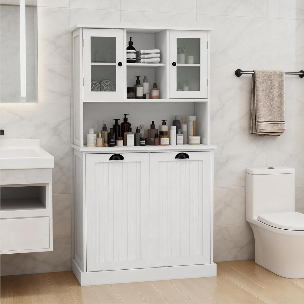 Tilt-Out Laundry Hamper Cabinet, 60-inch Tall Bathroom Cabinet with 2 Large Pull-Out Laundry Baskets, Glass Doors, and 2 Adjustable Shelves, Bathroom Organizer Cabinet for Laundry and Balcony, White