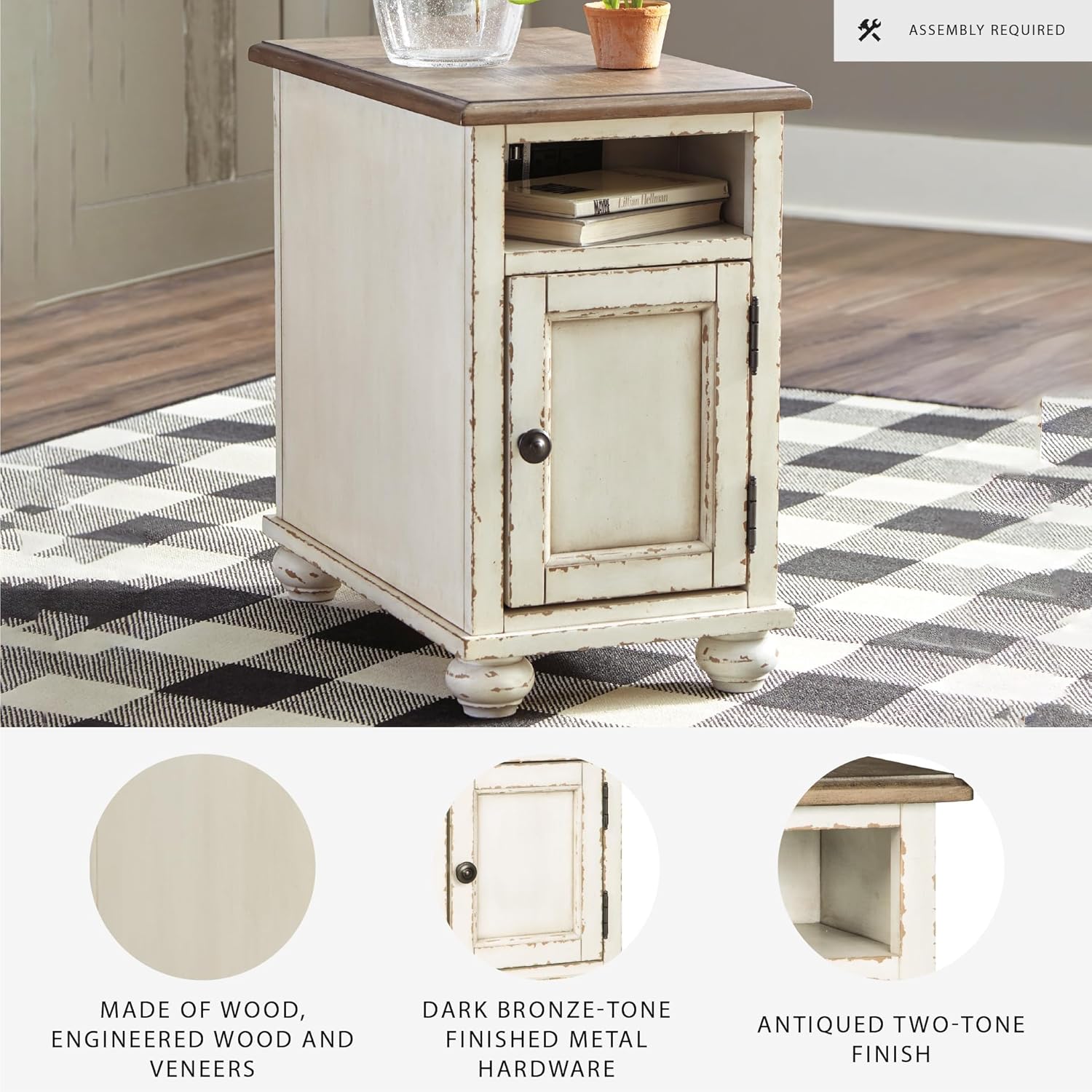 Signature Design by Ashley Realyn French Country Chair Side End Table, Cabinet Storage with Shelf, Outlets and USB Ports, Wood, 14" W x 24" D x 23.13" H, Cream