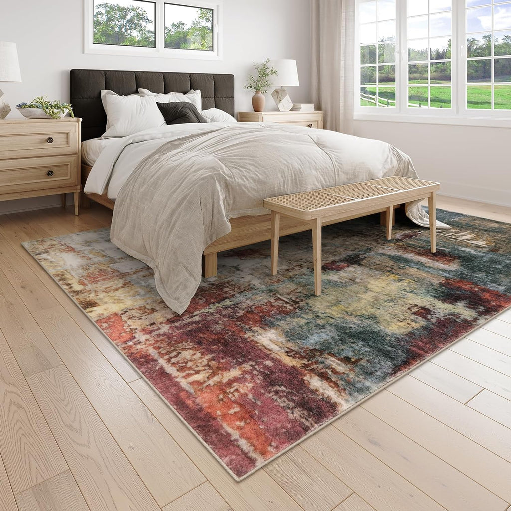 Lahome Modern Abstract Living Room Rug 8x10, Washable 8x10 Area Rugs for Bedroom Stain Resistant Non Slip, Large Red Soft Indoor Carpet for Dining Room Table Home Decor