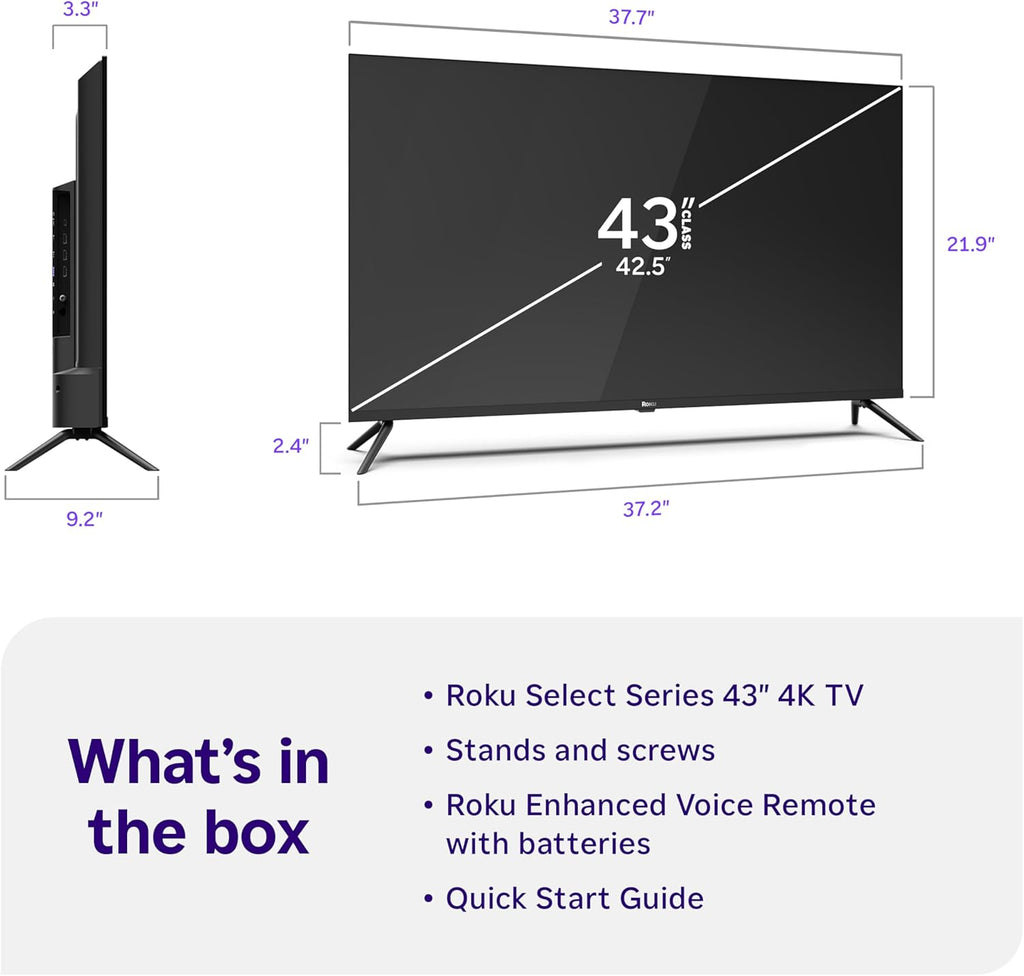 Roku Smart TV – 43-Inch Select Series, 4K HDR TV – RokuTV with Enhanced Voice Remote – Flat Screen LED Television with Wi-Fi for Streaming Live Local News, Sports, Family Entertainment