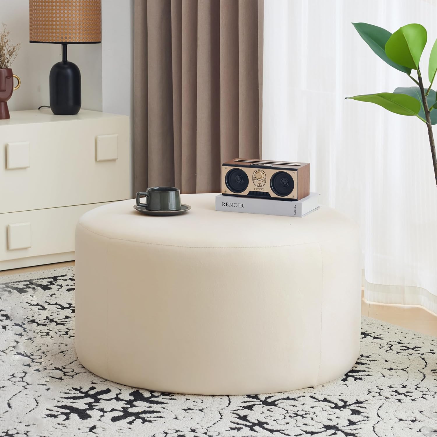 Christopher Knight Home 30" Ottoman Foot Stool Round,Velvet Pouf Footstool Ottoman Seat,Modern Side Table for Living Room Bedroom Home Decor,Cream