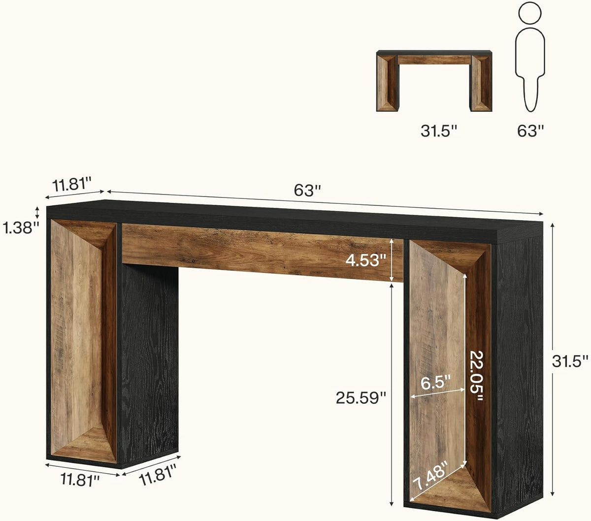 Tribesigns 63-Inch Console Table, Farmhouse Entryway Table with Dual-Tone Design, Rectangular Wood Sofa Table Behind The Couch, Narrow Accent Table for Hallway, Living Room, Foyer, Black and Brown