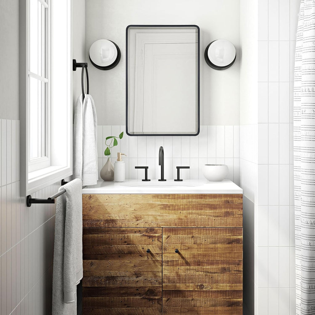 TEHOME Surface Mount 16x24 Black Bathroom Medicine Cabinet with Mirror Matt Black Metal Framed Rounded Rectangle Medicine Cabinet with Beveled Mirror