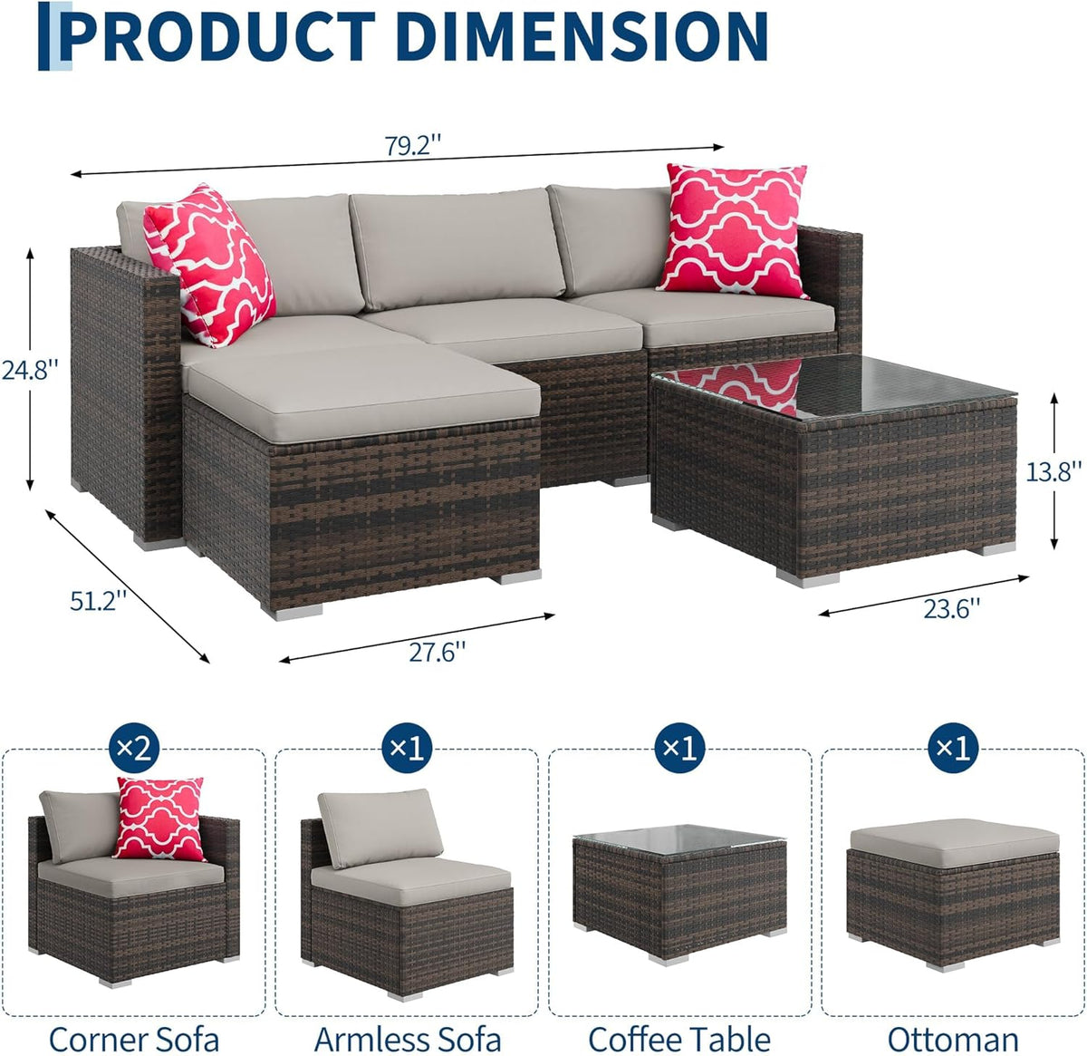GAOMON 5-Piece All-Weather Patio Furniture Set, Convertible Outdoor Sectional Sofa with Ottoman & Tempered Glass Table, PE Rattan Conversation Set for Garden, Backyard, Porch, Poolside