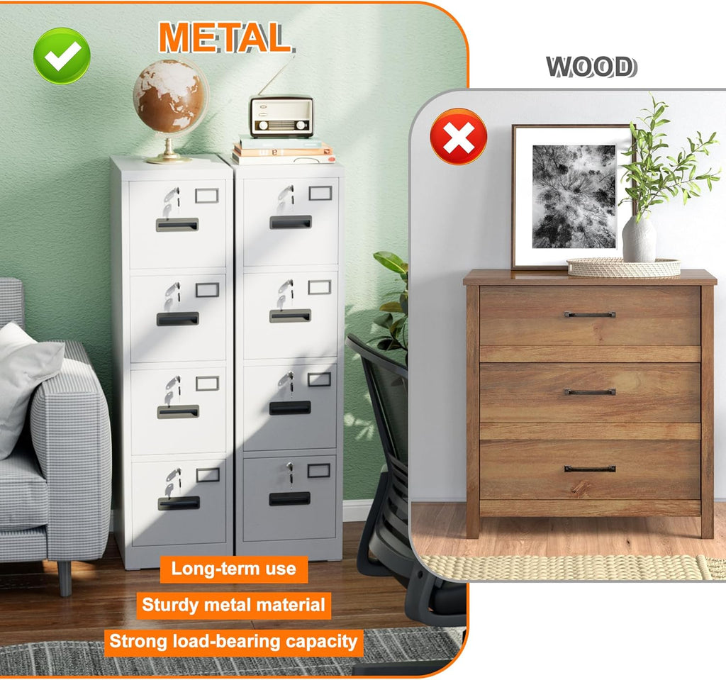 4 Drawer File Cabinet with Lock,White Metal Filing Cabinet for Home Office,Vertical Steel Storage Cabinet with Keys for Letter/A4 Size,14.96" W x 17.72" D x 55.2" H,Assembly Required
