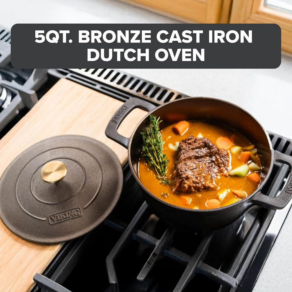 Viking Nonstick 5 Quart Dutch Oven with Self-Basting Lid, Bronze Cast Iron Cookware Pot, Made without PFAS, Induction Compatible, Oven Safe to 500F