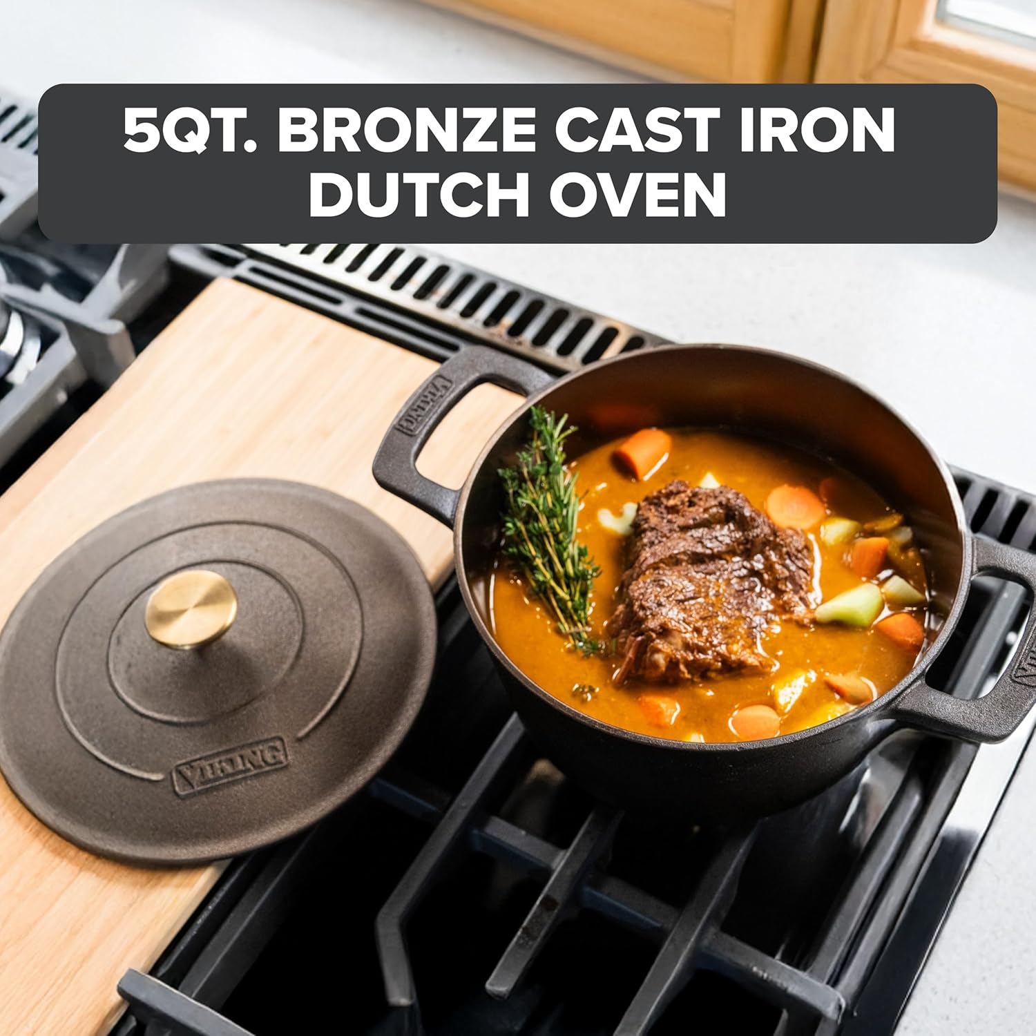 Viking Nonstick 5 Quart Dutch Oven with Self-Basting Lid, Bronze Cast Iron Cookware Pot, Made without PFAS, Induction Compatible, Oven Safe to 500F