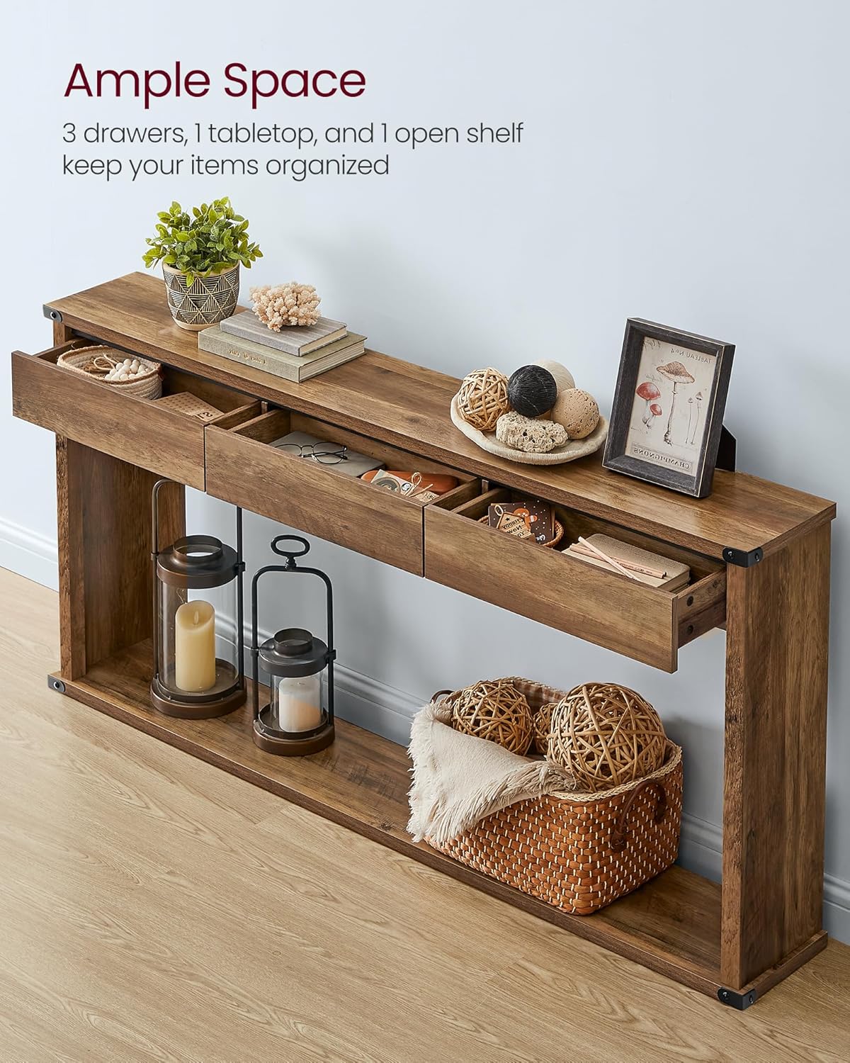 VASAGLE Sofa Console Table, 63 Inches Narrow Entryway Table with 3 Drawers, Bottom Shelf, Metal Corners, for Living Room, Bedroom, Farmhouse Style, Honey Brown ULNT146KB01S