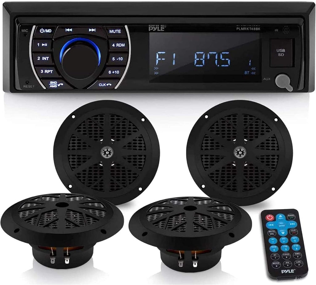 Pyle Marine Head Unit Receiver Speaker Kit - In-Dash LCD Digital Stereo Built-in Bluetooth & Microphone w/ AM FM Radio System 6.5'' Waterproof Speakers (4) MP3/SD Readers & Remote Control -PLMRKT48BK