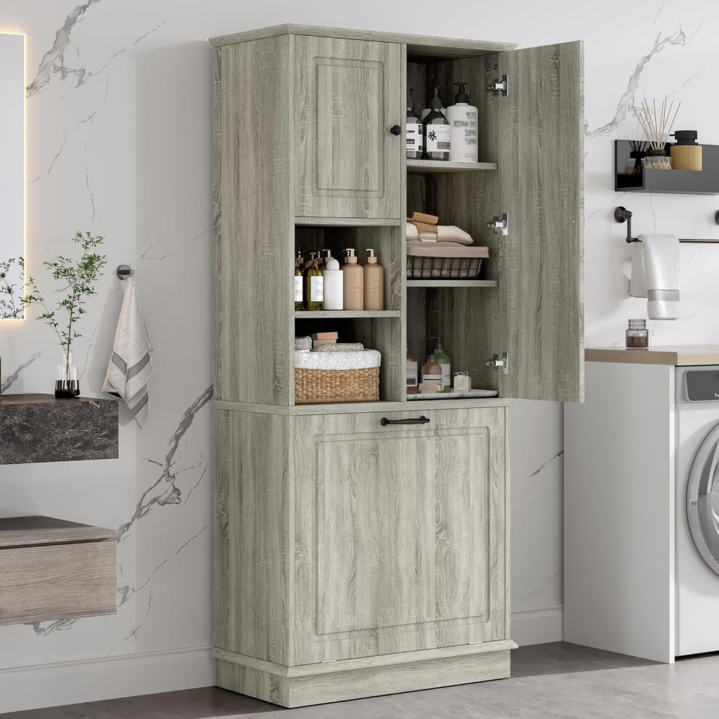 LUMISOL 68" Tall Tilt Out Laundry Hamper, Wood Laundry Cabinet with Hidden Hamper Basket, Freestanding Storage Cabinet with 2 Doors, Adjustable Shelf for Bathroom, Living Room, Kitchen, Oak