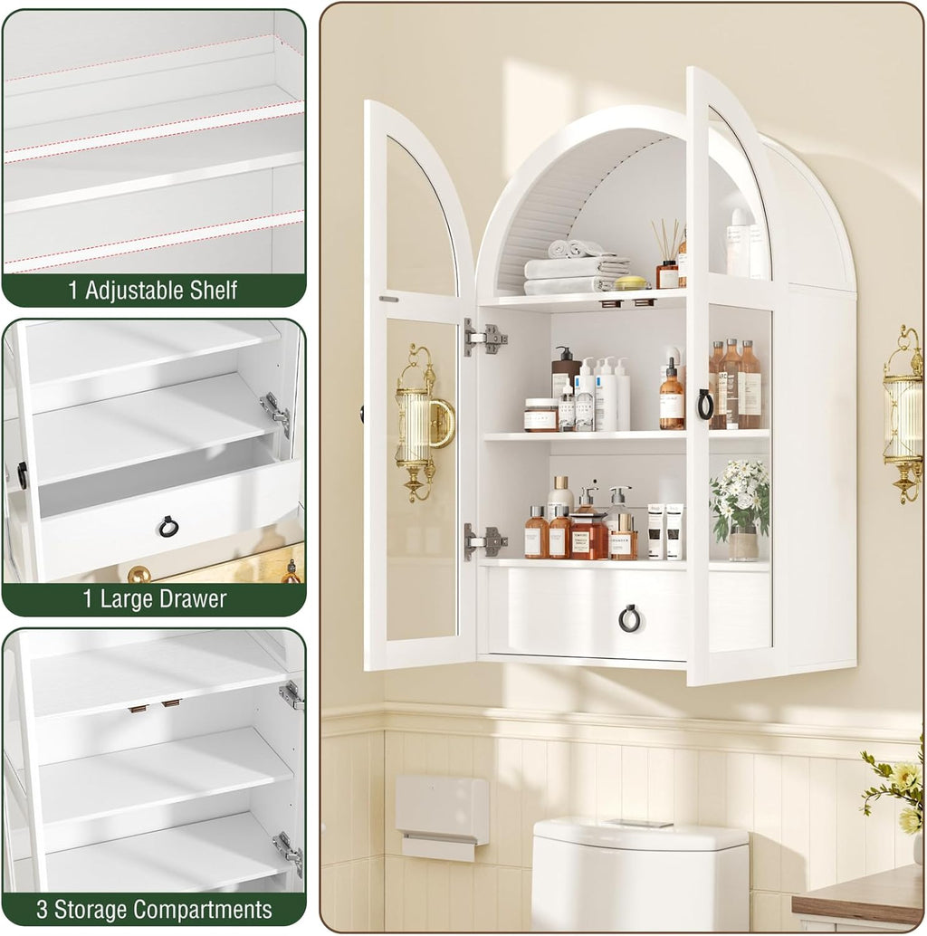 Arched Medicine Cabinet, White Bathroom Wall Cabinet with Tempered Glass Door and Adjustable Shelf for Kitchen, Living Room, Entryway, Laundry Room, Apartment, Office, Small Space