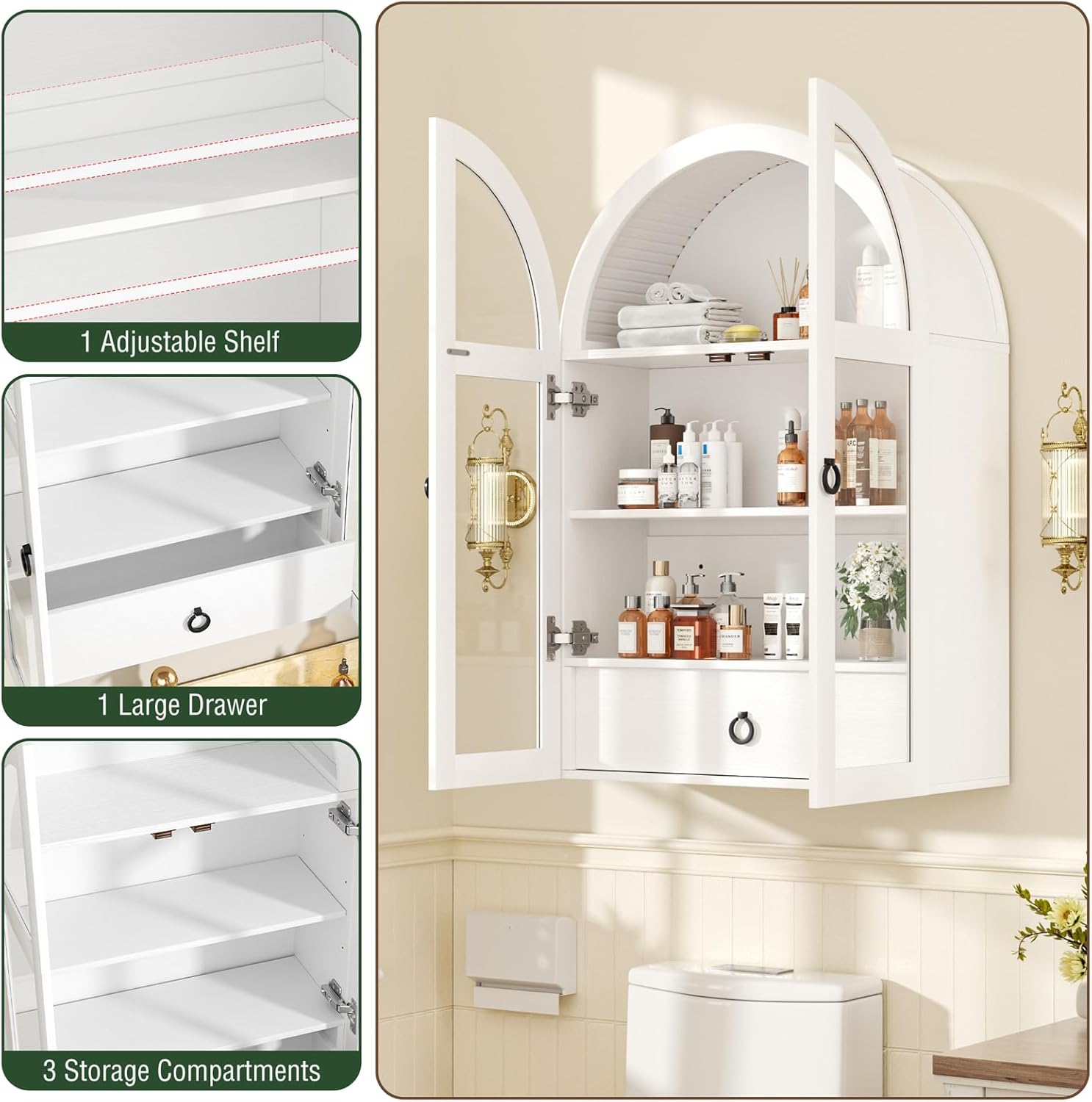 Arched Medicine Cabinet, White Bathroom Wall Cabinet with Tempered Glass Door and Adjustable Shelf for Kitchen, Living Room, Entryway, Laundry Room, Apartment, Office, Small Space