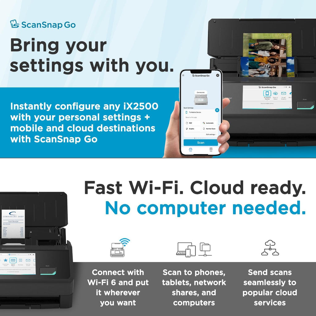 ScanSnap iX2500 Wireless or USB High-Speed Cloud Enabled Document, Photo & Receipt Scanner with Large 5" Touchscreen and 100 Page Auto Document Feeder for Mac or PC, Black