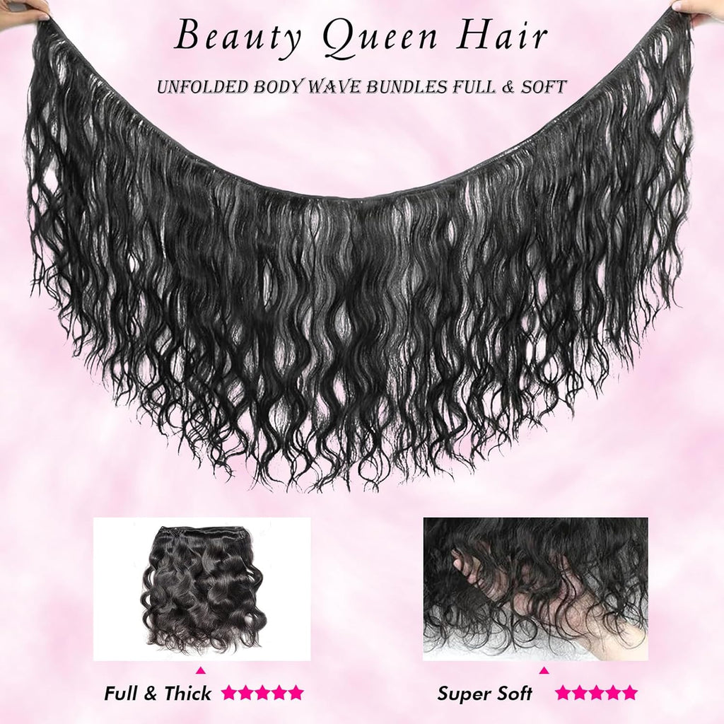 Beauty Queen 16A Body Wave Bundles Human Hair (20 18 16 Inch) 100% Unprocessed Brazilian Virgin Weave 3 Bundles Human Hair Full And Thick Remy Hair Extensions Natural Color for Women