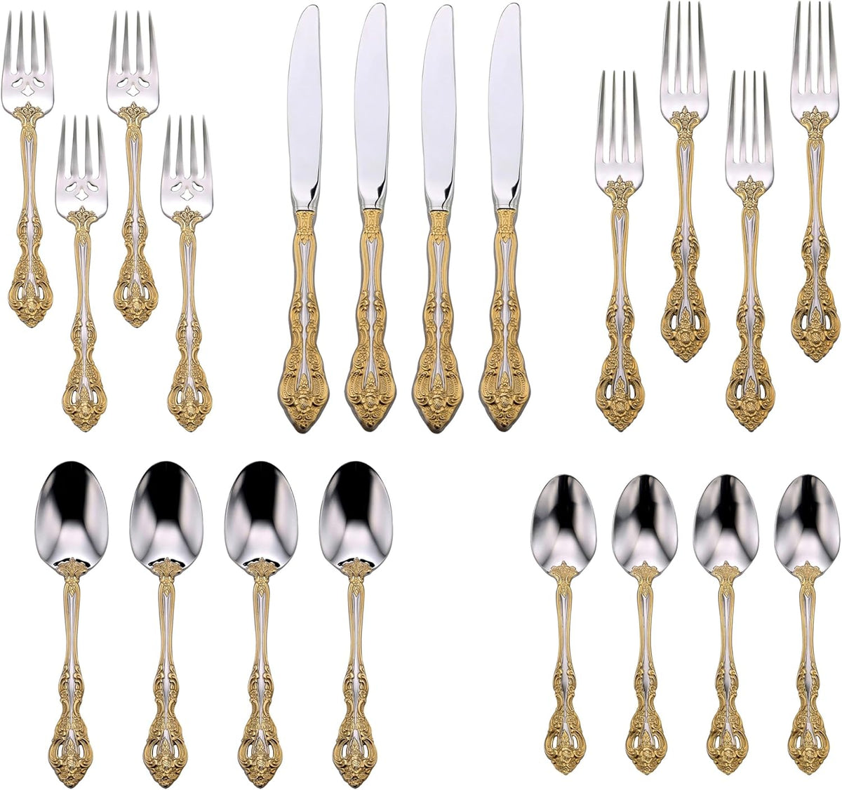 Oneida Silverware Set, Golden Michelangelo 20 Piece Fine Flatware Set, Service For 4, 18/10 Stainless Steel With Gold Carat Tips, Knives Spoons And Forks Sets, Dishwasher Safe (Gold/Silver, 20 Pieces)