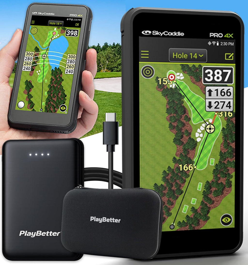 SkyCaddie PRO 4X Handheld Golf GPS Bundle - 4" LCD Display, 35,000 Maps, Dynamic HoleVue - Includes PlayBetter Portable Charger & Protective Hard Case - TruePoint Precision Positioning Technology