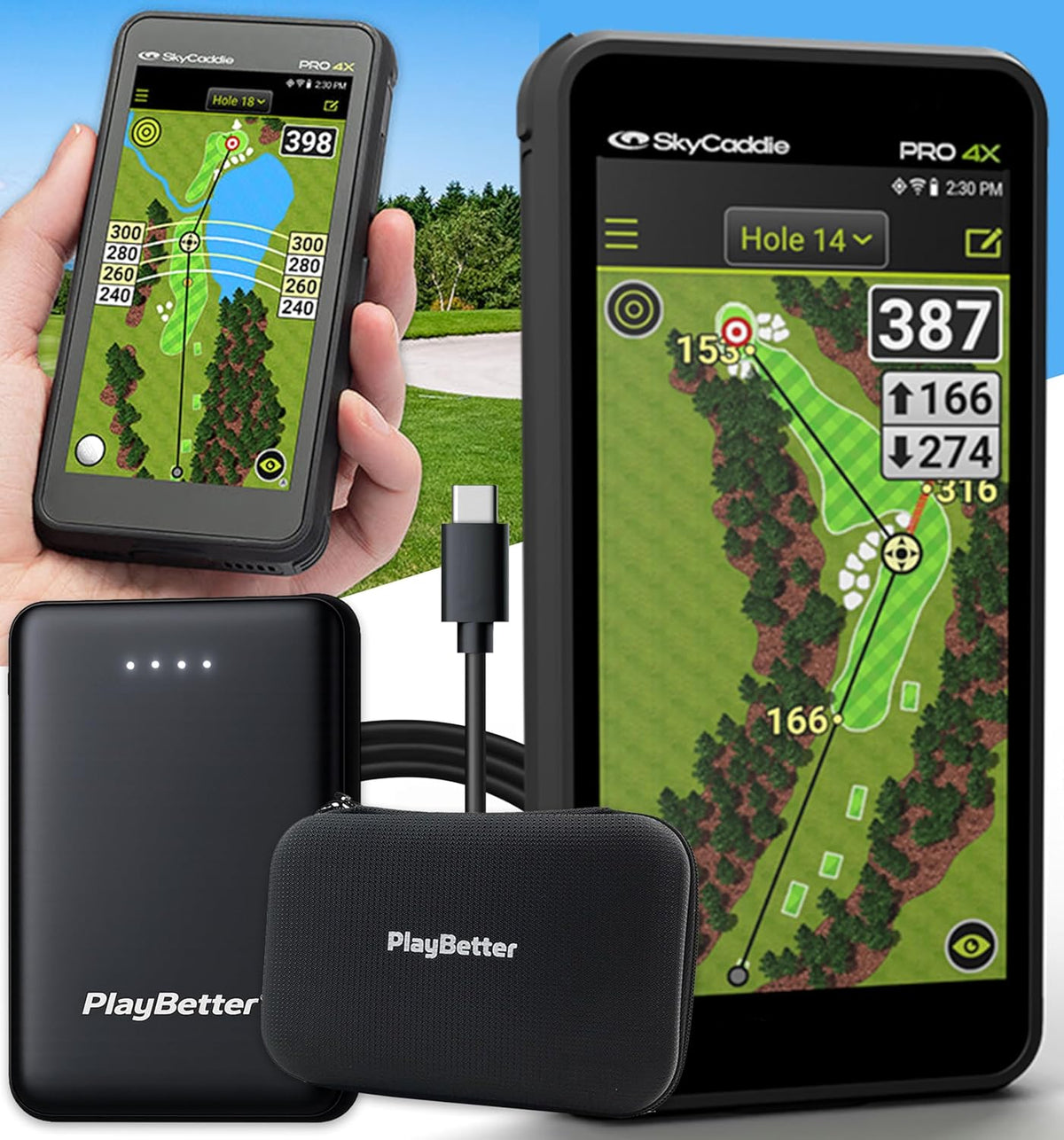 SkyCaddie PRO 4X Handheld Golf GPS Bundle - 4" LCD Display, 35,000 Maps, Dynamic HoleVue - Includes PlayBetter Portable Charger & Protective Hard Case - TruePoint Precision Positioning Technology