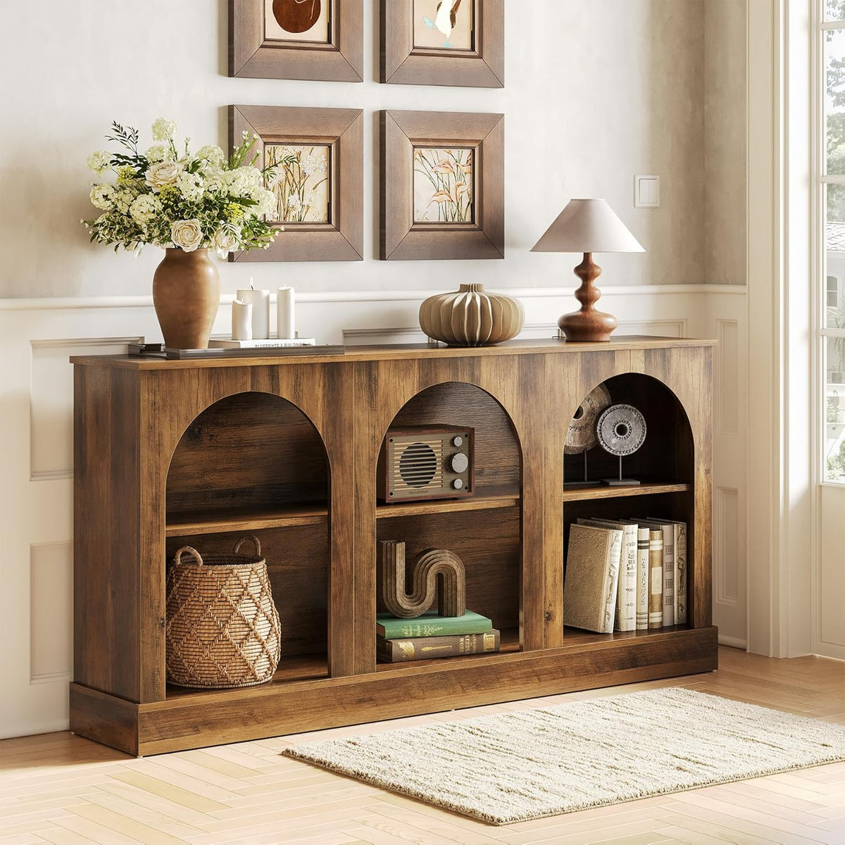 LITTLE TREE 63" Modern Console Sofa Table with 3-Tier Storage, Wooden Rectangular Foyer Table, for Entrance, Hallway, Living Room, Rustic Brown