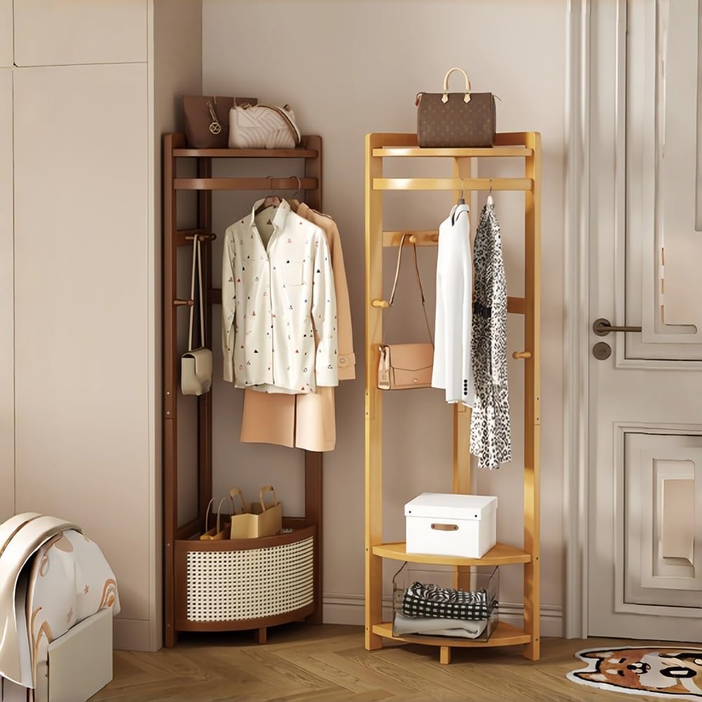 Corner Clothes Rack with Laundry Basket, Freestanding Coat Rack with Hooks, Wooden Corner Hall Tree with Storage Shelf for Bedroom, Entryway, Small Spaces(Brown)