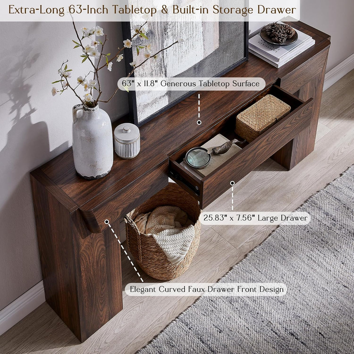 JXQTLINGMU 63" Console Table with Storage Drawer, Modern Entryway Table with Drawers, Thick Wood Legs Design, Sofa Table Behind Couch, Wood Console Tables for Entryway Hallway Living Room, Brown