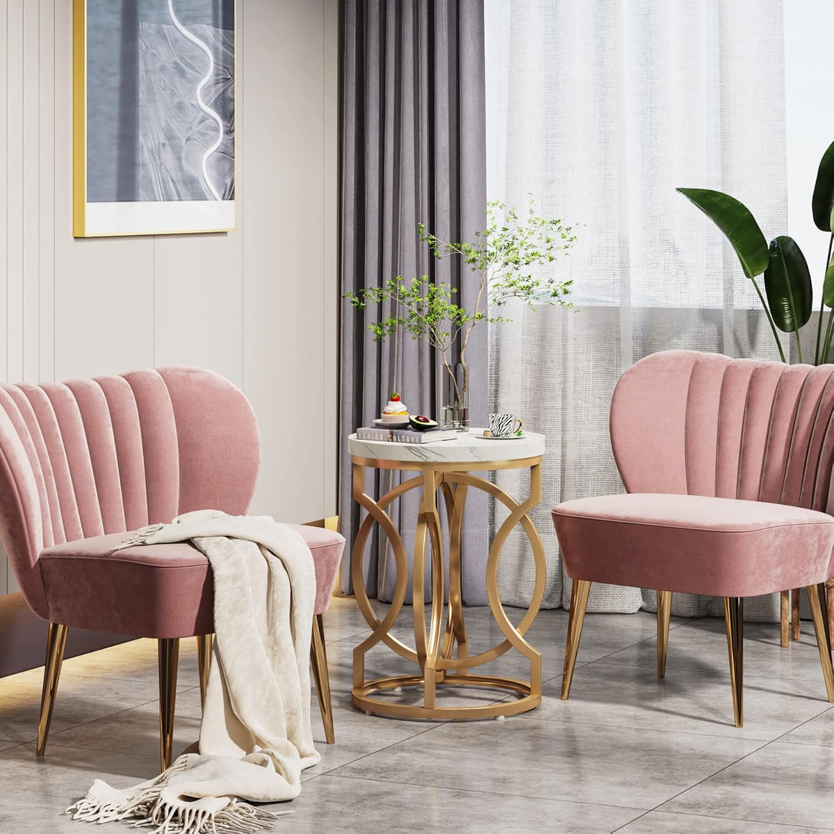 Tribesigns Modern Round End Table Set of 2 with Thickened Tabletop, 20" Gold Side Table with Unique O-Shaped Metal Base, Midcentury Nightstand for Living Room Bedroom, White + Gold
