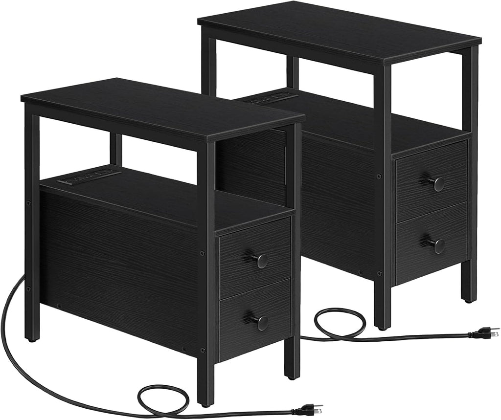 HOOBRO Set of 2 End Tables with Charging Station, Narrow Side Table with Drawers & USB Port & Power Outlets, Nightstand for Small Spaces, Living Room, Stable and Sturdy, Black BK541BZP201