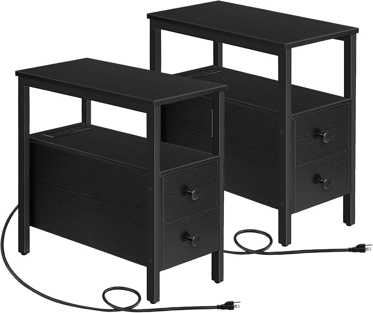 HOOBRO Set of 2 End Tables with Charging Station, Narrow Side Table with Drawers & USB Port & Power Outlets, Nightstand for Small Spaces, Living Room, Stable and Sturdy, Black BK541BZP201