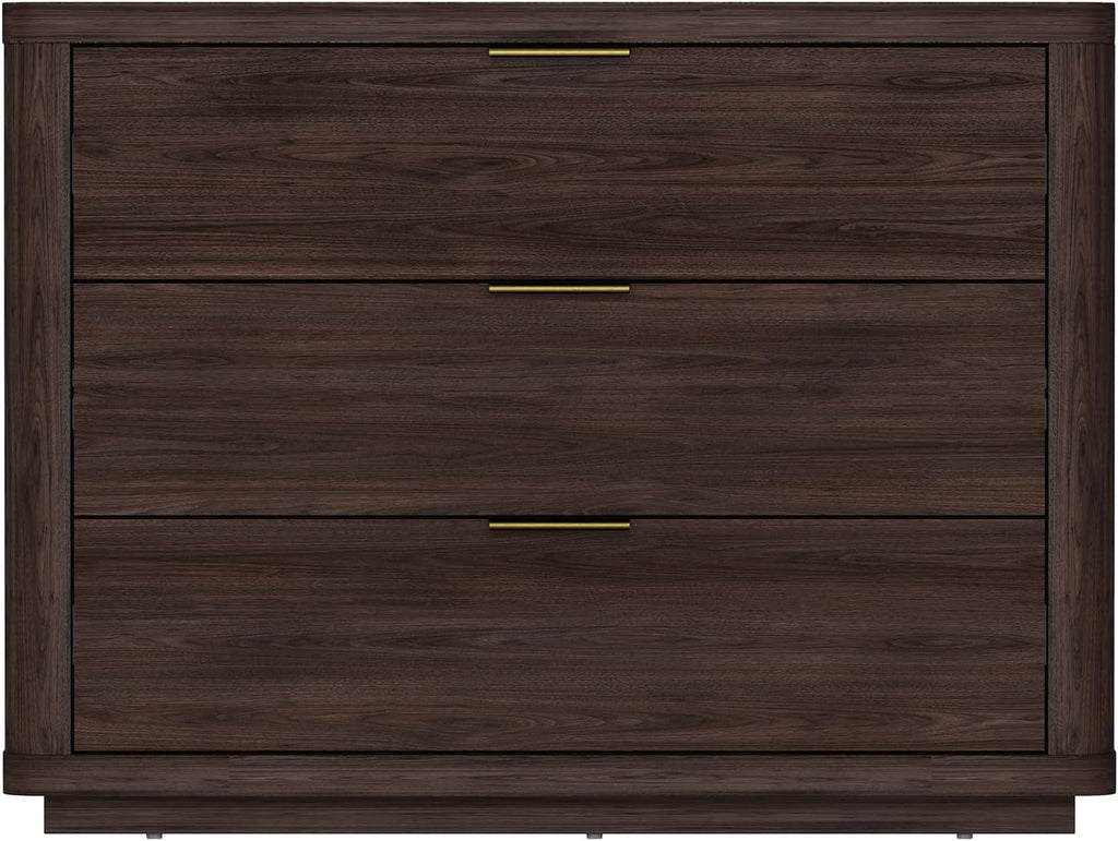 Manhattan Comfort Evelyn Nightstand with 3 Drawers, Minimalist Wood Grain Bedside Table with Rounded Corners and Raised Base, Modern End Table for Bedroom, Entryway, or Living Room in Brown