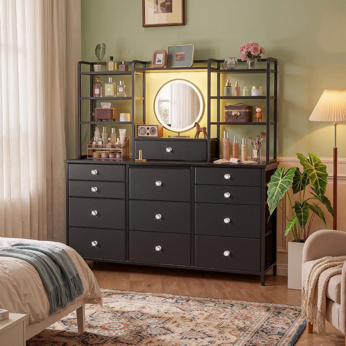 Romorgniz Black Dresser for Bedroom with 12 Drawers & LED Lights, Fabric Dressers & Chests of Drawers with Open Shelves, Vanity Dresser Organizer with Metal Frame Wooden Shelf for Entryway Closet