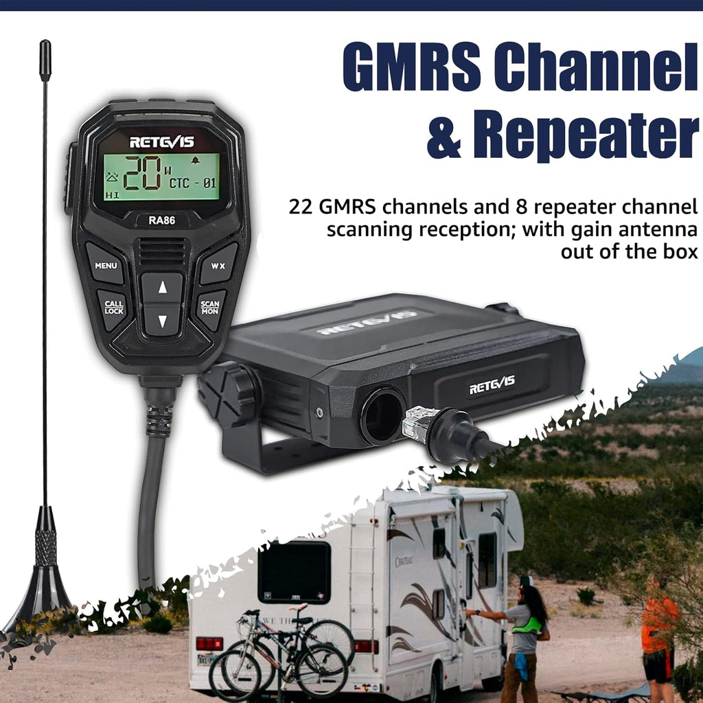 Retevis RA86 GMRS Mobile Radio - Update Chirp, GMRS Radio with Gain Antenna & Cigarette Lighter Plug, Repeater Channels Long Range Two Way Radio, NOAA Alert, Dual Speakers for Offroad, Jeep, Truck, RV