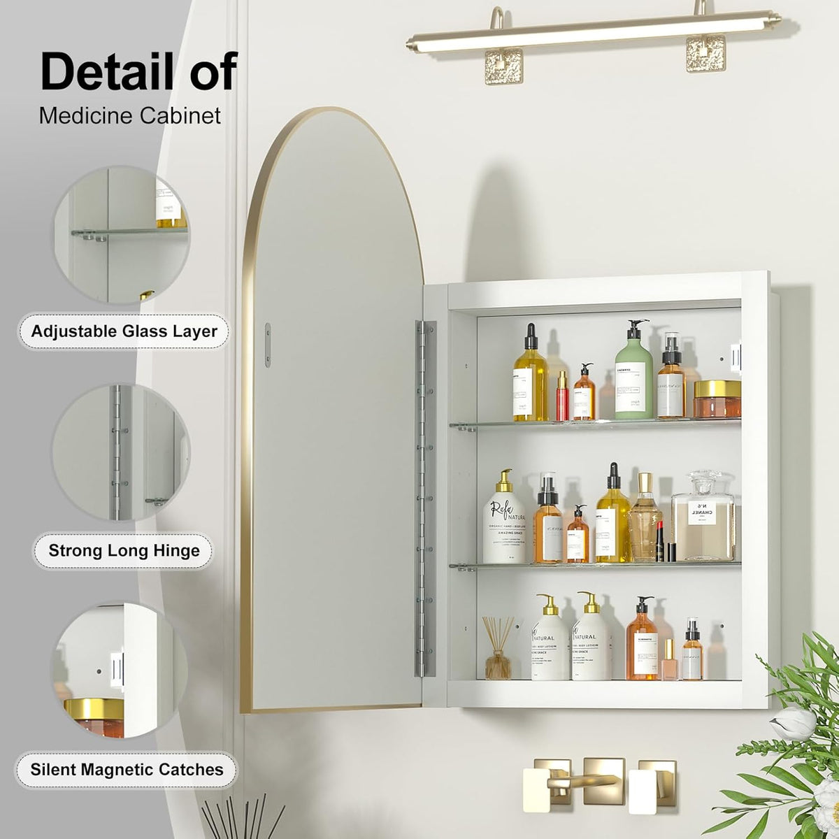 Recessed Medicine Cabinet with Mirror,Brushed Gold Arched Medicine Cabinets for Bathroom,in Wall Bathroom Cabinet with Mirror,Mirrored Medicine Cabinets Wall Mounted 20x30