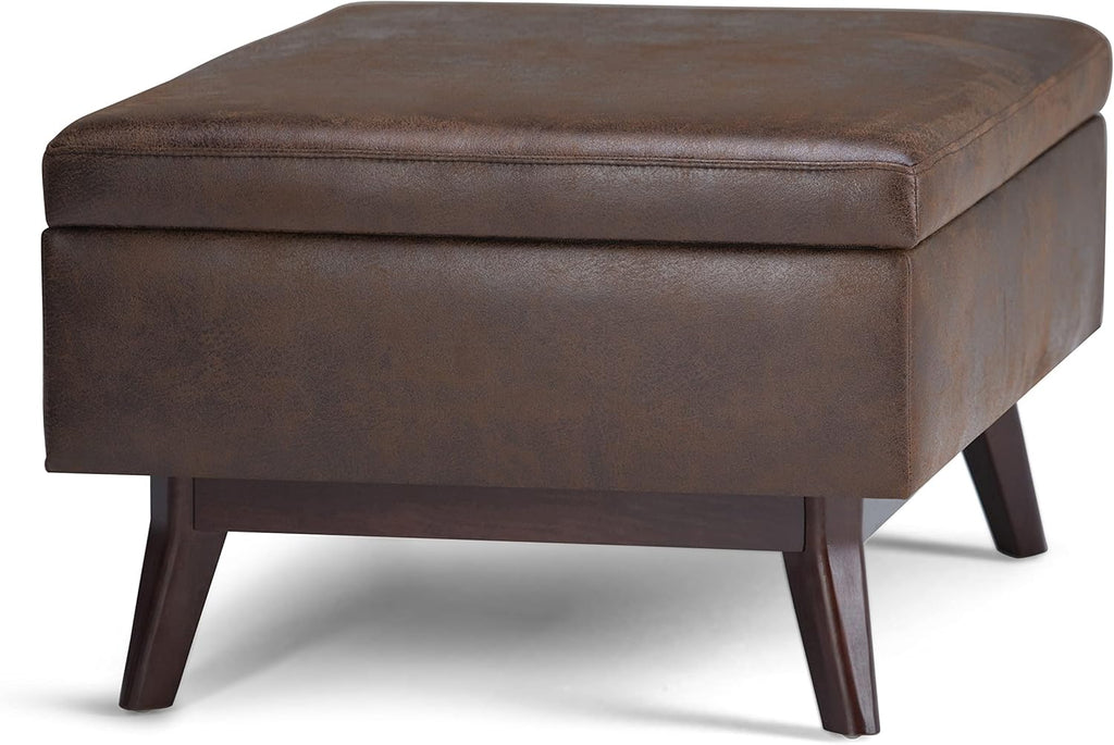 SIMPLIHOME Owen Coffee Table Storage Ottoman - 34" Wide x 19" High Upholstered Vegan Leather Rectangular Lift-Top Ottoman in Distressed Chestnut Brown, Mid-Century Modern Bench with Tapered Legs
