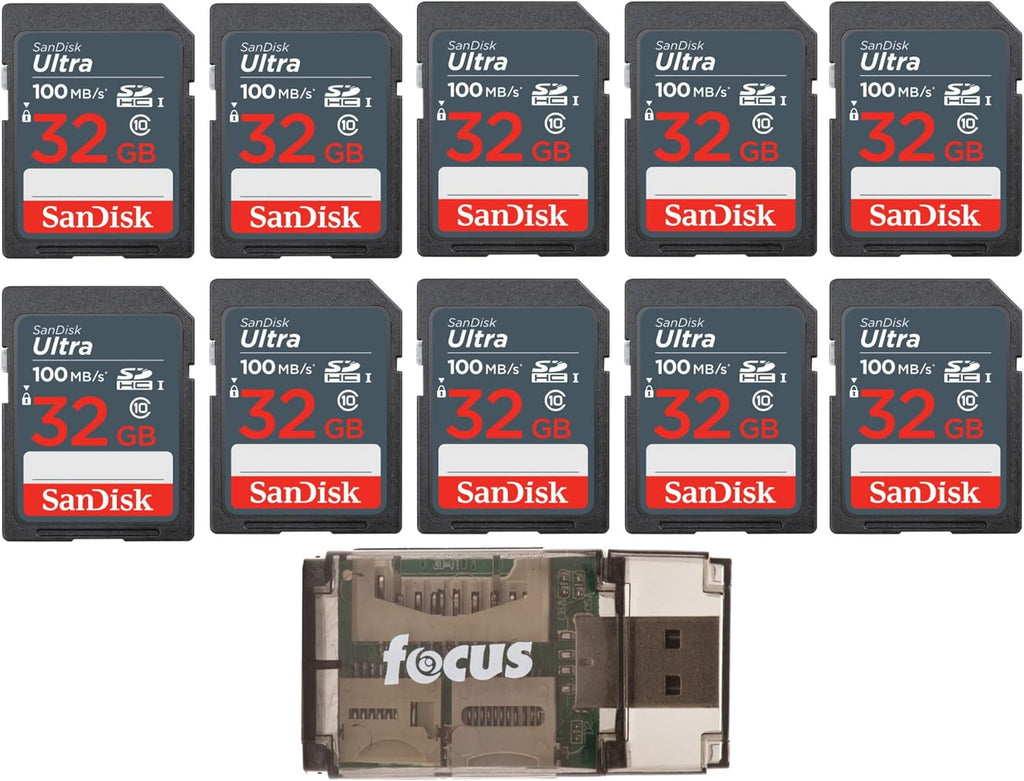 SanDisk 32GB Ultra SDHC UHS-I Memory Card (10-Pack) with Focus High Speed USB Card Reader Bundle (11 Items)