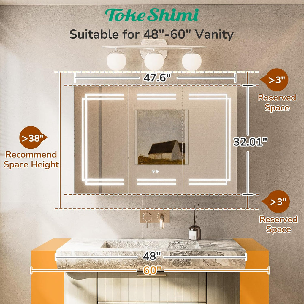 TokeShimi 48x32 Inch Lighted Medicine Cabinet, LED Medicine Cabinet with Lights, Wall-Mounted Bathroom Cabinet Mirror with 3 Color Temperature, Anti-Fog, CRI 80+, Memory Function, Tempered Glass