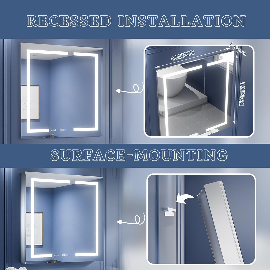 ExBrite Lighted Medicine Cabinet 36 x 36 Inch,Recessed or Surface led Medicine Cabinet, Clock&Room Temp Display,Defog,Dimming,Medicine Cabinet with Lights 3-Color Temper Change,Door Wide Open