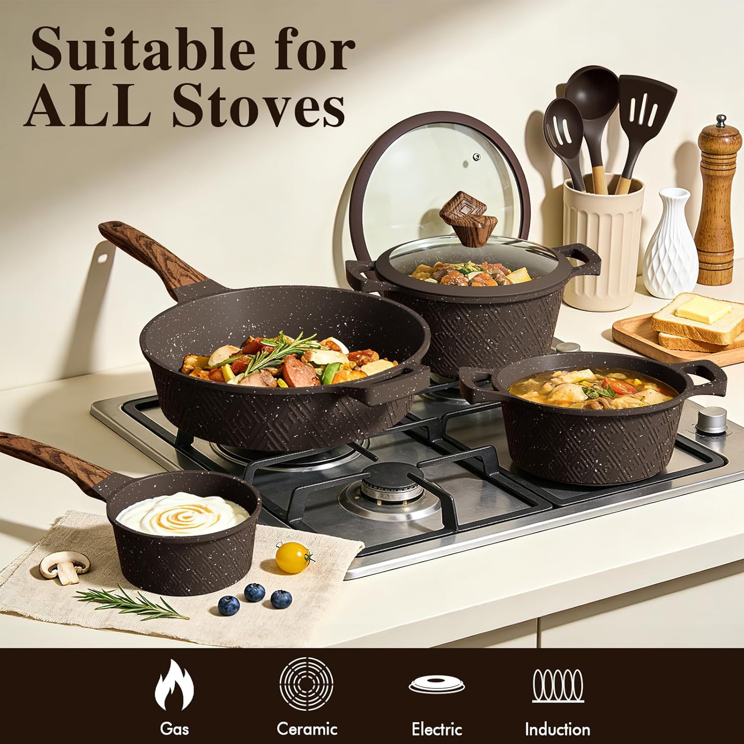 Umite Chef 26PCS Pots and Pans Set Non Stick, Nonstick Cookware Sets, Induction Cook Ware, Includes Steamer & Silicone Utensils, Housewarming Gift, Kitchen Cooking Sets w/Frying pan (PFOS, PFOA Free)