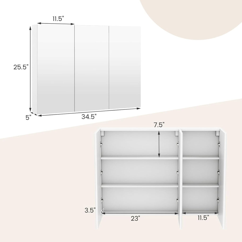 Giantex Bathroom Mirror Cabinet, Wall Mounted Medicine Cabinet with 3 Frameless Mirrored Doors & Mounting Hardware, Hanging Storage Cabinet for Recess or Surface Mount, 35.5” x 25.5”