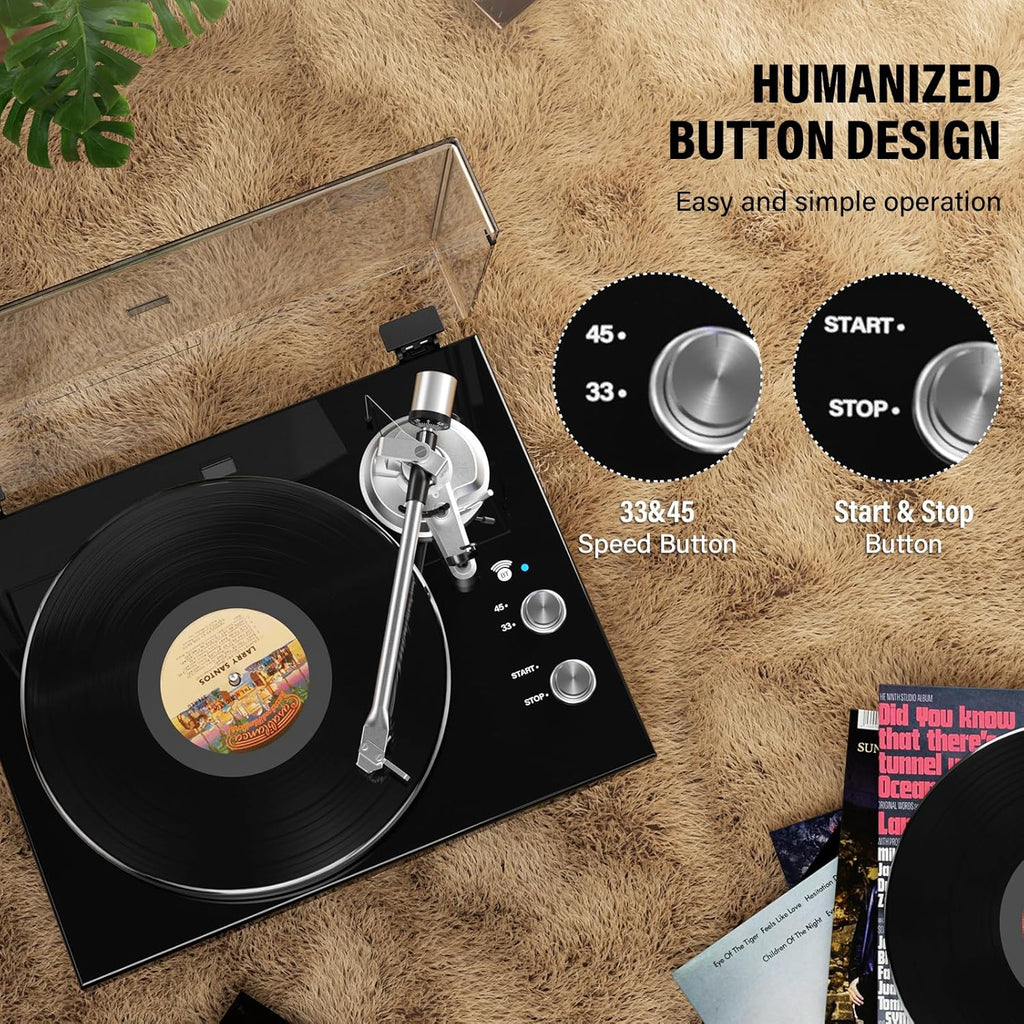 Belt Drive Turntable for Vinyl Record Player, Bluetooth Output, Built-in Phono Preamp, USB Digital Output, Magnetic Cartridge, 33/45 RPM, High-Gloss Wood Design, No Built-in Speakers