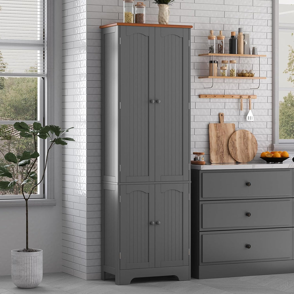 4 Door Pantry -72.2'' Kitchen Cabinet with Adjustable Shelves, Freestanding Cupboard, Tall Storage Cabinets for Dining Room, Living Room, Laundry, Bathroom, Entryway, Grey