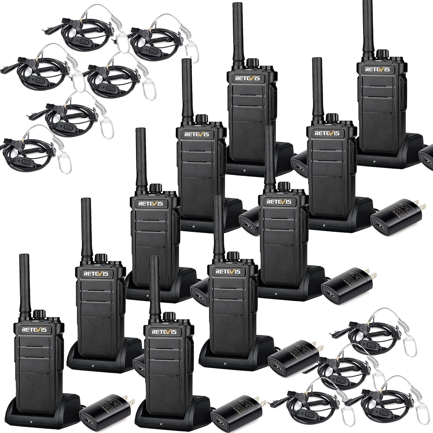 Retevis RB26 2 Way Radios Long Range,Work Walkie Talkie with Earpiece Bulk,21-Hours,USB-C,GMRS Repeater Capable,Flashlight,Business Two-Way Radios Rechargeable for Adults School Church Retail(10 Pack)