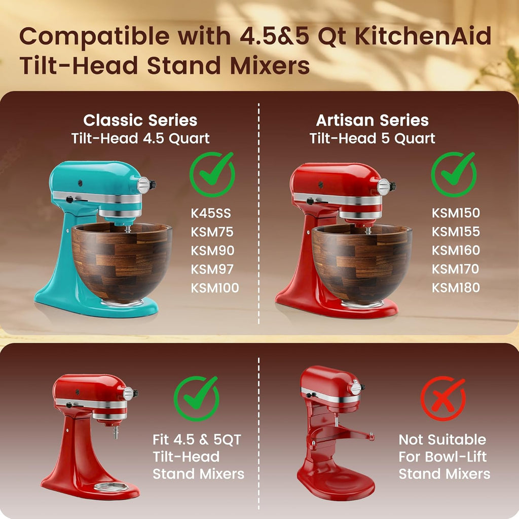 KitchenAid 5 QT Solid Acacia Wood Mixing Bowl for 4.5 & 5 Quart Tilt-Head Stand Mixers with Locking Steel Base, Warmer & Quieter Replacement Bowl for Baking & Dough, Kitchen Gift Idea
