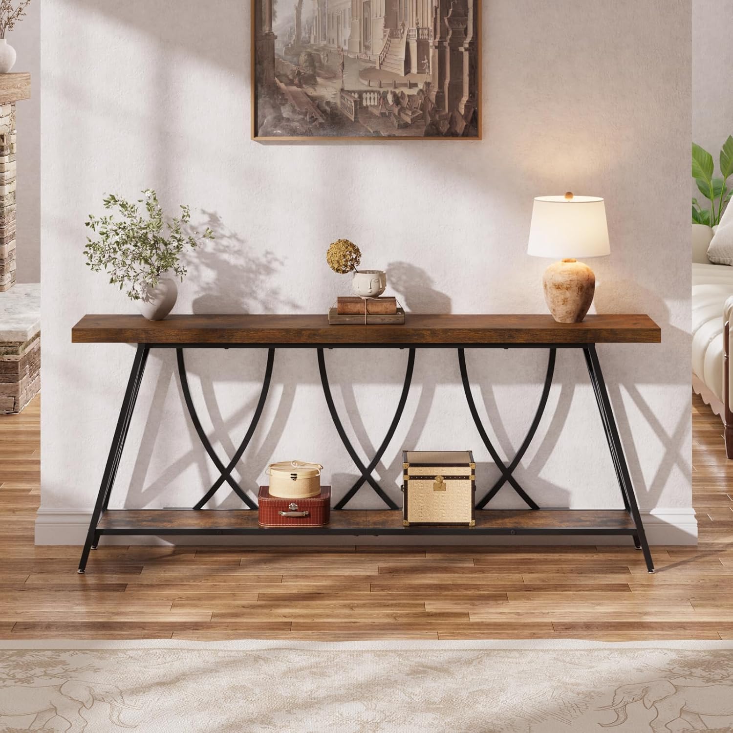 JUSTOGO 70.9" Narrow Console Table for Entryway, Industrial Long Sofa Table Behind Couch, Farmhouse Hallway Table with Storage for Living Room, Entrance, Foyer, Rustic Brown