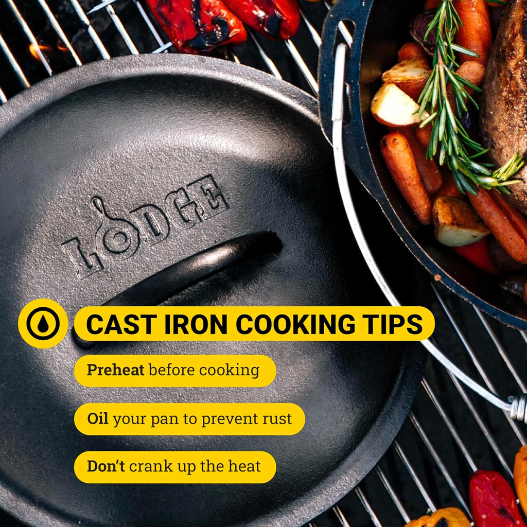 Lodge 9 Quart Pre-Seasoned Cast Iron Dutch Oven with Lid - Wire Bail Handle for Easy Transfer from Cooking Surface to Table - Use in the Oven, on the Stove, on the Grill or over the Campfire - Black