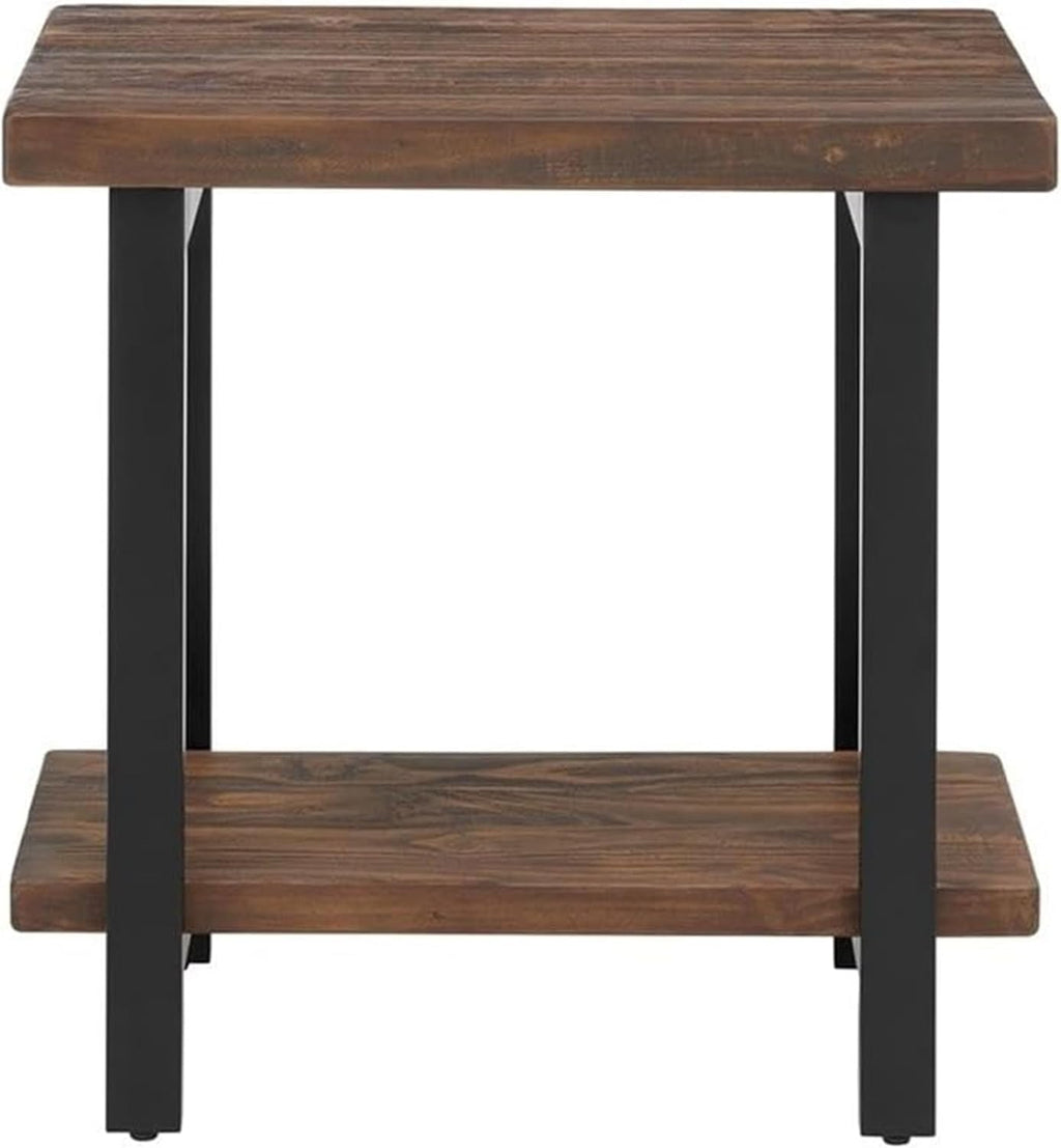 Alaterre Furniture Pomona Living Room 2-Tier Solid Wood End Table with Natural Finish and Metal Legs – Modern Farmhouse Accent or Home Décor (Rustic Brown)